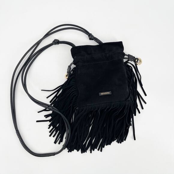 Aquazzura Black Suede Gytane Mini Fringe Trim Drawstring Hobo Crossbody Bag - Picture 2 of 10